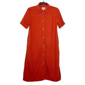 Me & Arrow. Orange Red Linen Blend Button Front Short Sleeve Shirt Dress - XS